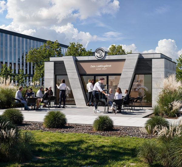 Modułowy pawilon gastronomiczny 72 m² – nowoczesna piekarnia z kawiarnią